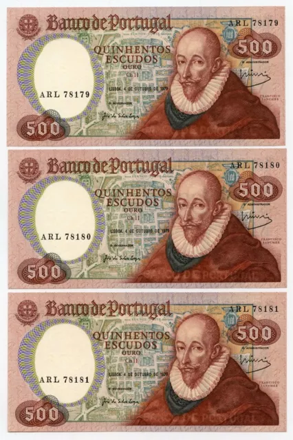 Portugal 1979 Issue 500 Escudos 3 Consecutive # Banknotes Lot Gem-Unc.