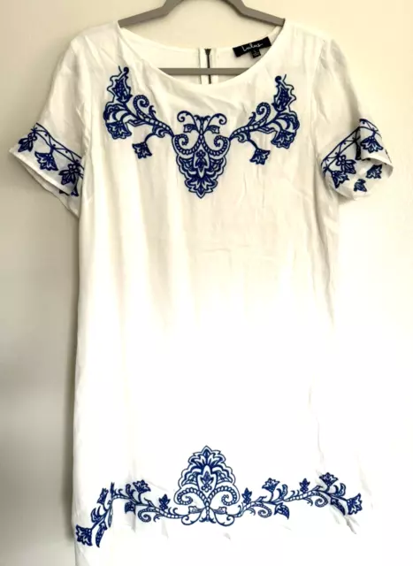 LULUS - Women's Tale to Tell Embroidered Shift Dress  - Size Large - Ivory/Blue