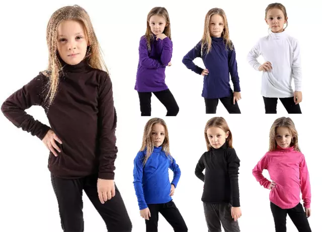 Kids Girls Boys High Turtle Polo Neck Plain Long Sleeve Tops Jumper Shirt