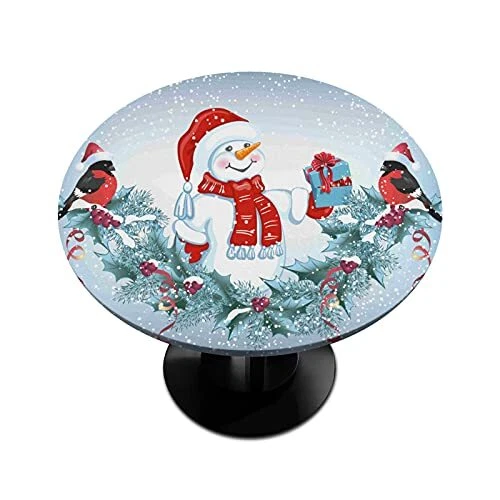 Christmas Round Fitted Tablecloth Snowman Round Table Cover with Elastic Edge...