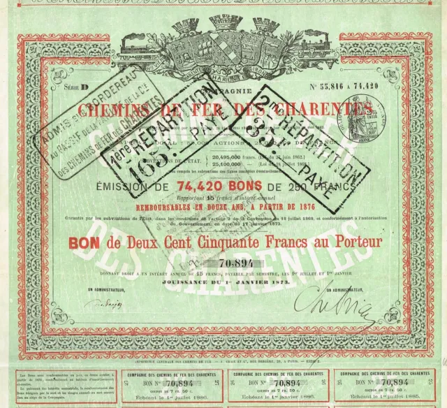 FRANCE CHARENTES RAILWAY COMPANY stock certificate 1873