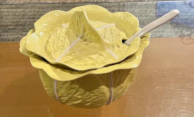 Secla Yellow Cabbage Leaf Soup Tureen with Lid & Ladle Portugal Vintage Majolica