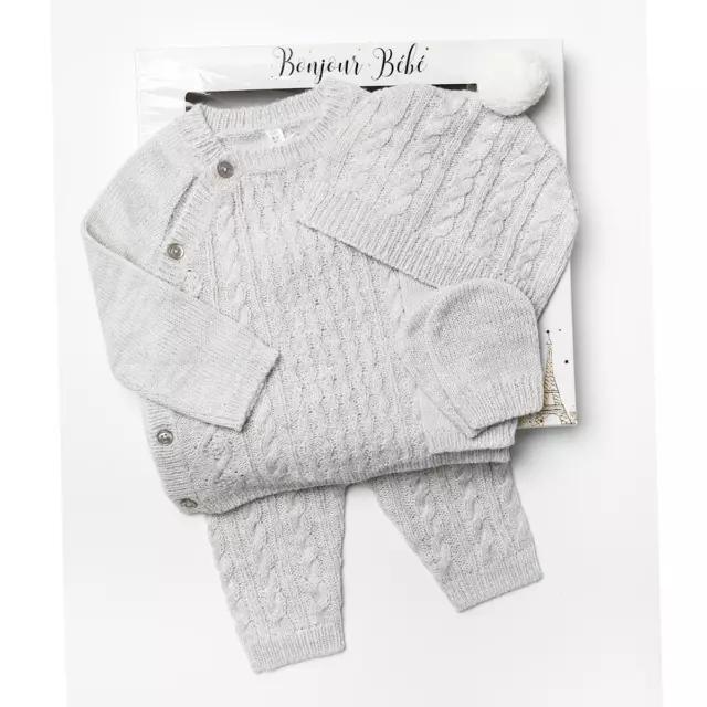 Baby Boy Spanish Knitted Outfit Grey Cable Pram Gift Boxed Set Boys Newborn - 6M