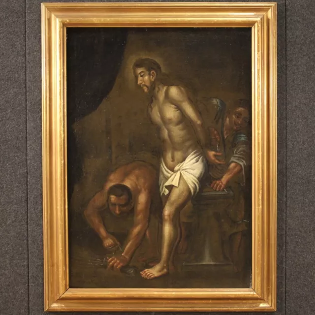 Pintura religiosa cuadro antiguo oleo sobre lienzo 700 Cristo en la columna