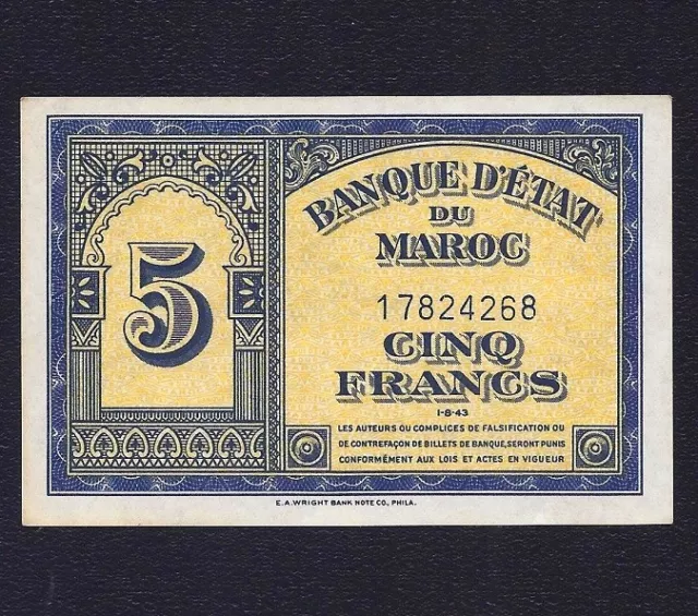 MOROCCO 5 FRANCS  1943   P-24  aUNC