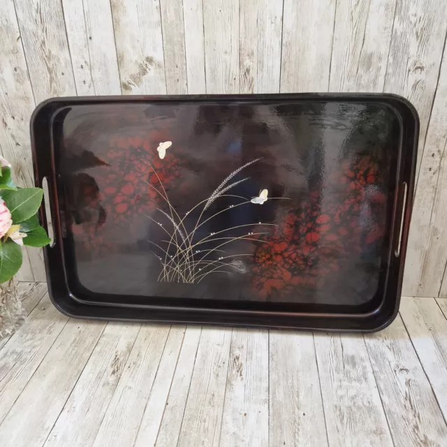 Vintage Mid Century Lacquer Ware Black Serving Tray Made in Japan With Handles
