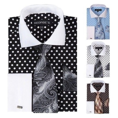 Men's Polka Dot French Cuff Cotton Dress Shirt w/ Tie & Hanky Set #613