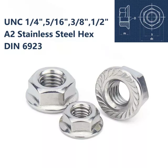 UNC 1/4",5/16",3/8",1/2"  Flanged Nuts Serrated A2 Stainless Steel Hex DIN 6923