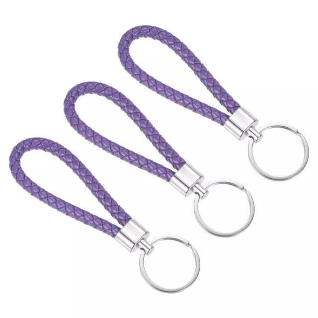 3 Pcs Braided Leather Keychain PU Keyring Woven Ornament Lanyard Strap, Purple