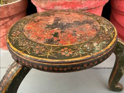 Antique Wood Painted Bikaner State Round Beautiful Table Stool Rich Patina 6
