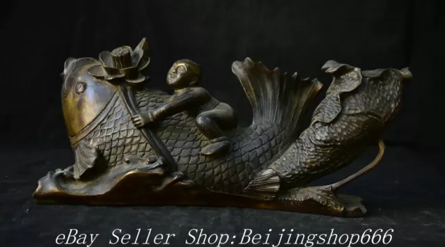 12.4" Old Chinese Bronze Fengshui Year Fish Tongzi Wealth Statue Sculpture