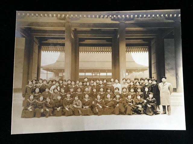#756 Giapponese Vintage Foto 1940s / Girl Student Uniforme Scuola Viaggio Gruppo
