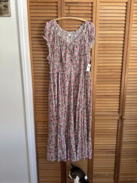 NWT Old Navy Maxi Dress Long Floral Print Cap Sleeves Smocked Waist Size XL