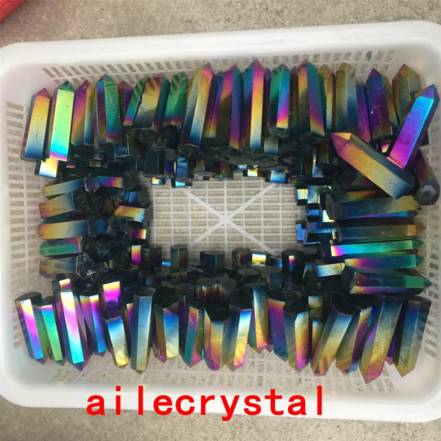 Titanium rainbow aura obelisk lemurian quartz crystal wand point 2.2LB+ 10pcs+