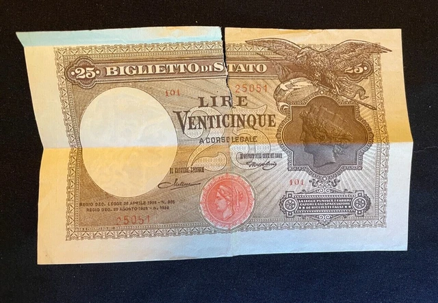 Italy 25 Lire 1923 Italy ITALIA Rare Banknote Maltese Rossolini Currency