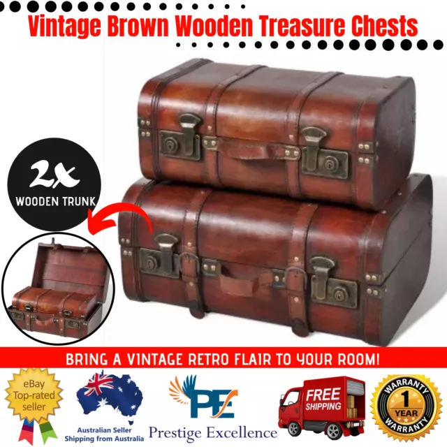 2pcs Wooden Vintage Treasure Chest Old World Look Trunk Storage Box Cabinet Set