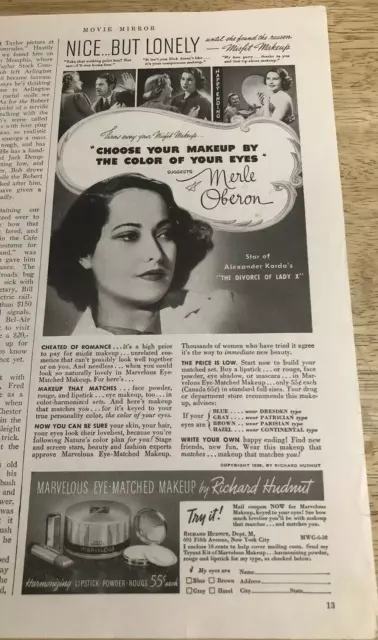 1938 MERLE OBERON Marvelous Eye Matched Makeup Richard Hudnut - Vintage Ad