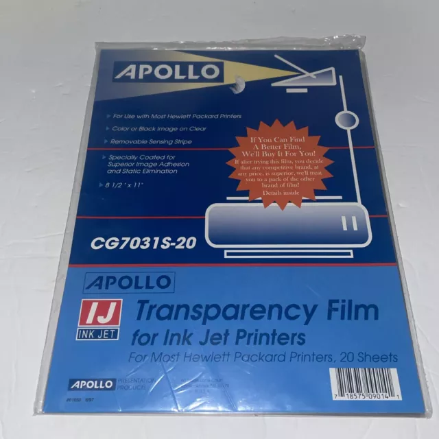 APOLLO Transparency Film For Ink Jet Printers CG7031S 20 sheets 8 1/2" x 11" New