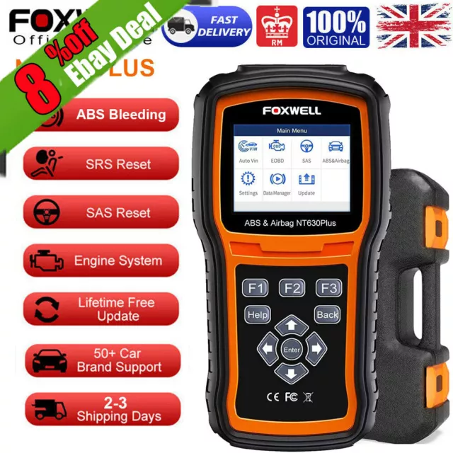 FOXWELL NT630 Plus SRS SAS lettore codici airbag scanner OBD2 ABS ripristino sanguinamento Regno Unito
