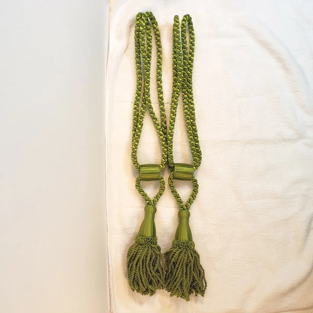 Vintage Braided Retro Green Satin Curtain Drapery Tiebacks With Tassels Set Of 2