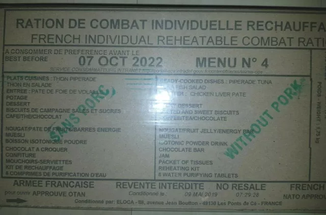 Ration de Combat Individuelle Réchauffable 24h RCIR - Le Pavillon Noir