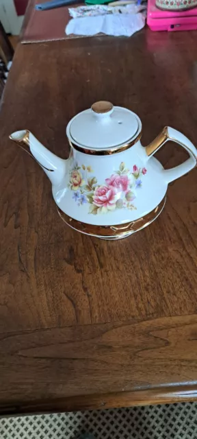 GIBSONS Staffordshire England Vintage Teapot Pink Roses Gold Trim