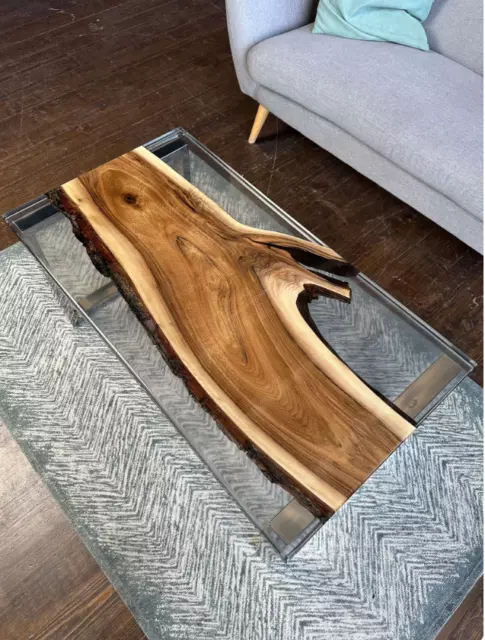 Resin coffee table with live edge solid wood epoxy artistic tabletop