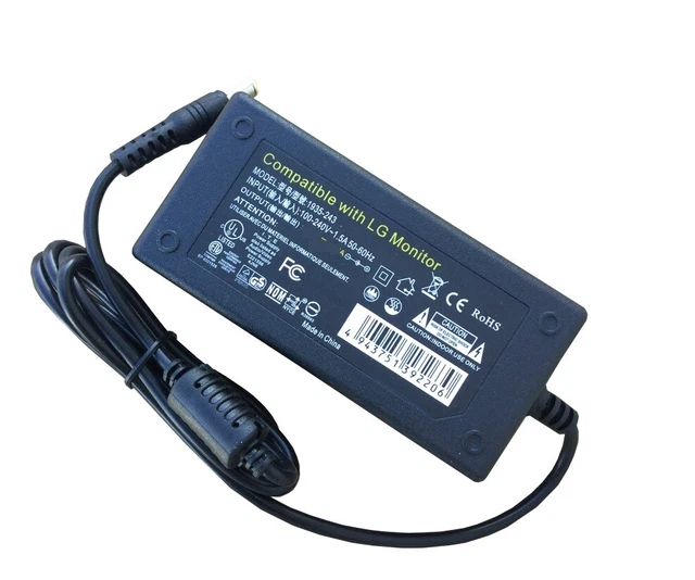 Alimentatore 19V 2.1A Per Monitor LG 23/24/27/29/32 Pollici – Adattatore 40W Con Connettore 6.5x4.4 Mm, Certificato Sicurezza