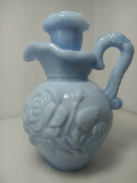 Vintage 1978 Avon Blue Milk Glass Victorian Style Pitcher Perfume Bottle EUC