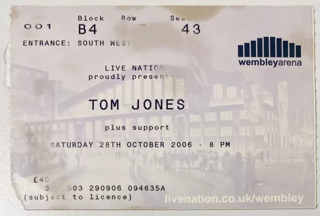 Tom Jones Wembley Arena London U.K. Concert Ticket 2006