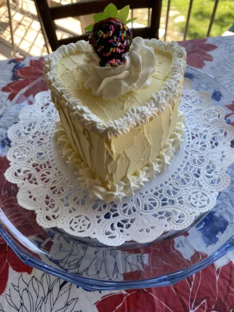 Fake Handmade Yellow Heart Cake w/Strawberry / Sprinkles 4”x5” White Trim