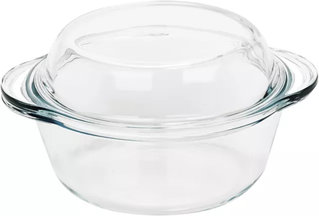 1 or 2 Glass Round Dish with Handles Oven Safe Baking Cooking Casserole with Lid