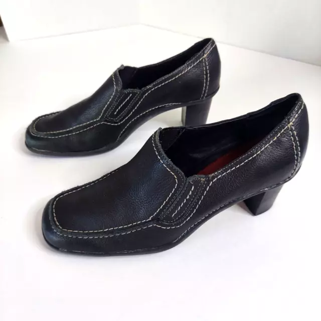 Aerosoles Women's Size 9M Black Leather Slip-ons Chunk Heel Shoes 1990s / Y2K