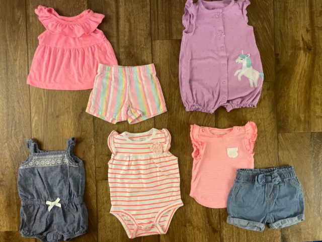 Carters Baby Girl Summer Clothes Lot 3 3/6 6 Mo Romper Outfits Bundle Unicorn