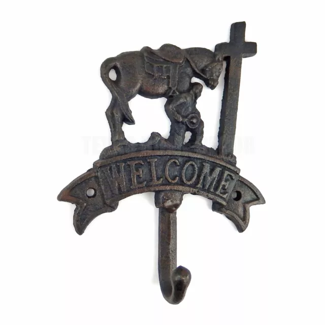 Welcome Kneeling Cowboy At Cross Horse Wall Hook Cast Iron Coat Hanger Black