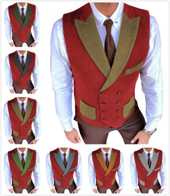 Mens Christmas Waistcoat Double-Breasted Tweed Vintage Herringbone Vest 44 46 48