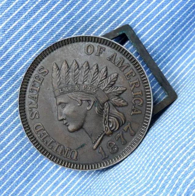 1877 US Indian Head Penny Belt Buckle Liberty Coin Novelty Vtg 70s 80s   .TYC375