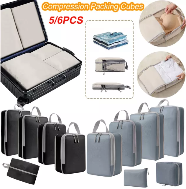 6PCS Compression Bags Travel Storage Luggage Packing Cubes Organiser Suitcases