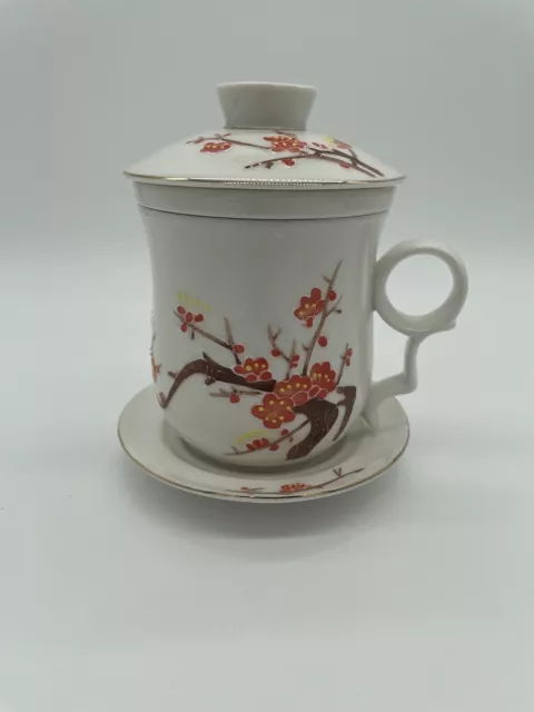 Teavana Cherry Blossom Porcelain Tea Cup & Saucer Infuser Lid