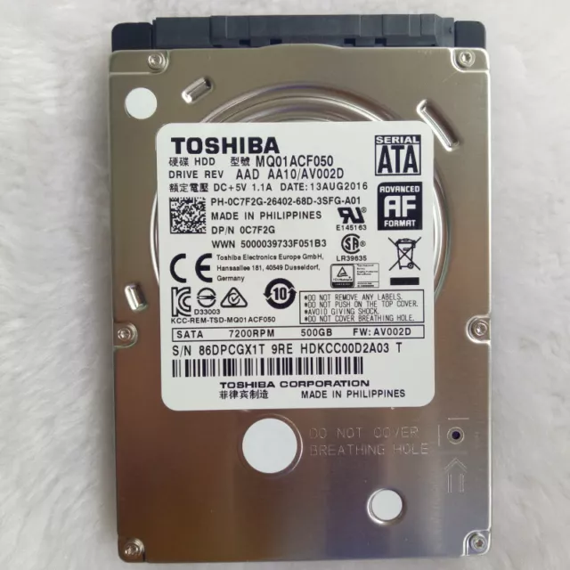 Toshiba Laptop Hard drive 500GB 7200RPM SATA. 7MM Ultra Thin. MQ01ACF050