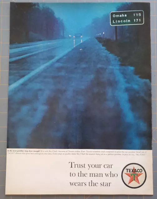 1963 Texaco Sky Chief Gas Best Mileage Night Driving Wet Roads Print Ad