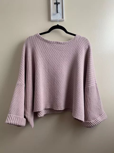 Free People Dusty Pink Ribbed Oversized Poncho Cropped Knit Cotton Sweater Sz S