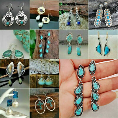 Woman Turquoise 925 Silver Ear Hook Stud Dangle Drop Earrings Jewelry A Pair