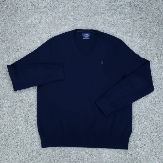 Polo Ralph Lauren Sweater Mens Medium Navy Blue Merino Wool V Neck Pullover