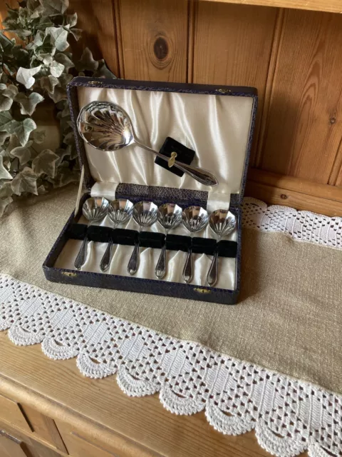 VINTAGE boxed set of DESSERT SPOONS in case Stainless chromium plate Sheffield