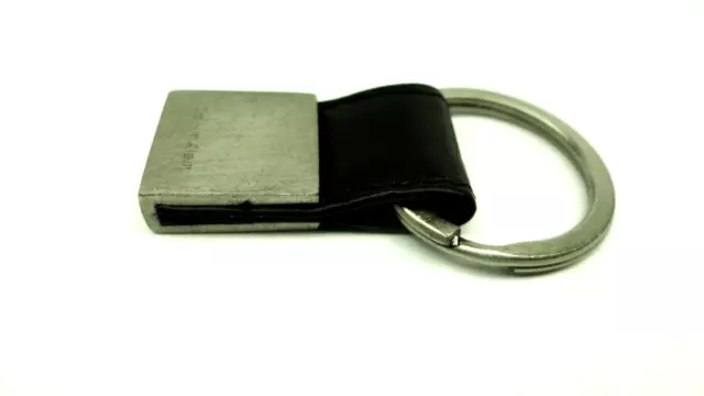 Calvin Klein Mens Black Silver Leather Key Fob Keyfob Keychain Metal Ring ~ NEW!