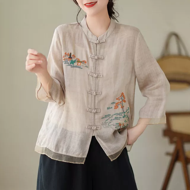 Retro Chinese Style Women's Embroidered Flower Cotton Linen Top Shirts Tops 2