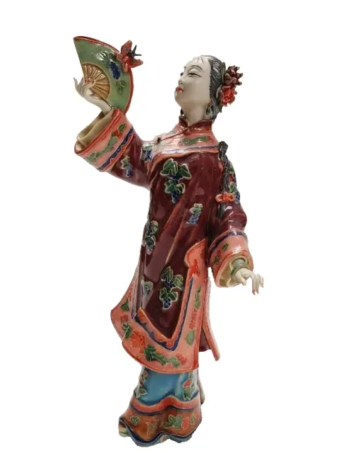 11" China Wucai Porcelain Pottery beauty Belle Lady Women Fan Butterfly Statue
