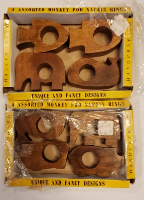 Vintage Monkey Pod Wood Napkin Rings 8 Animal Shapes 60s MCM Retro Original Box