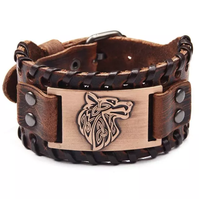 Vintage Viking Leather Braided Bracelet for Men with Cltic Animal  Wolf Head